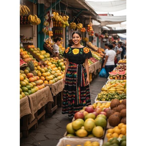 Mexican 3 piece set Blouse Cambaya skirt elastic waist and belt or mini rebozo - Picture 5 of 13